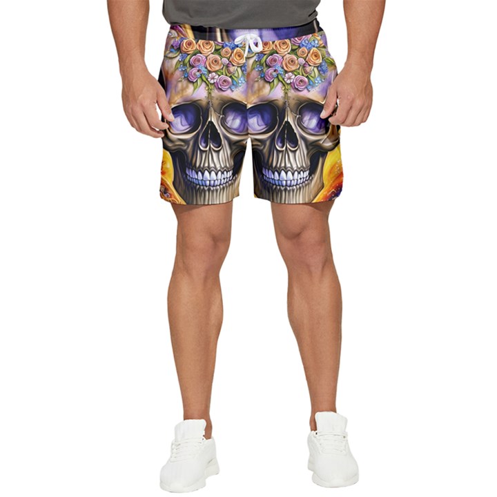 Skull With Flowers - Day Of The Dead Men s Runner Shorts