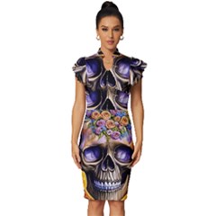 Skull With Flowers - Day Of The Dead Vintage Frill Sleeve V-neck Bodycon Dress by GardenOfOphir