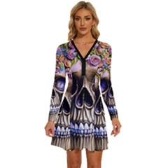 Skull With Flowers - Day Of The Dead Long Sleeve Deep V Mini Dress  by GardenOfOphir