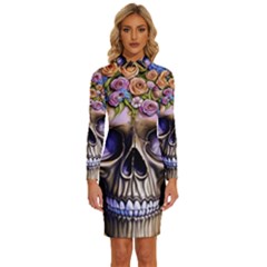 Skull With Flowers - Day Of The Dead Long Sleeve Shirt Collar Bodycon Dress by GardenOfOphir