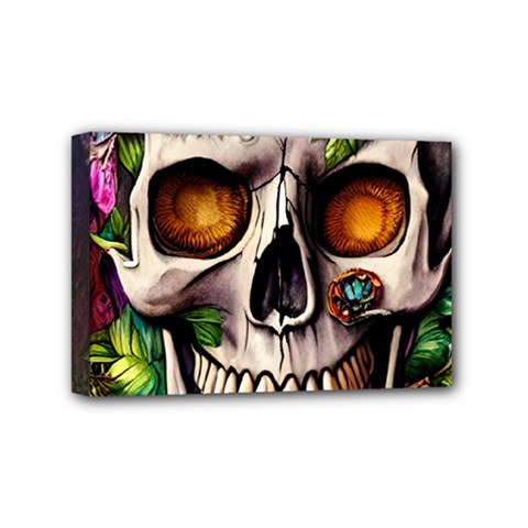 Gothic Skull With Flowers - Cute And Creepy Mini Canvas 6  X 4  (stretched) by GardenOfOphir