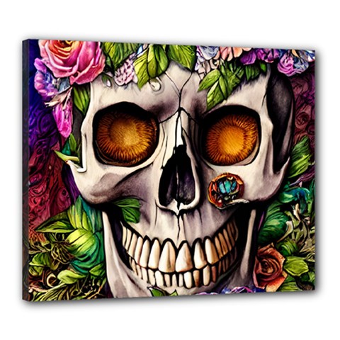 Gothic Skull With Flowers - Cute And Creepy Canvas 24  X 20  (stretched) by GardenOfOphir