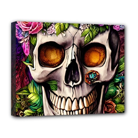 Gothic Skull With Flowers - Cute And Creepy Deluxe Canvas 20  X 16  (stretched) by GardenOfOphir