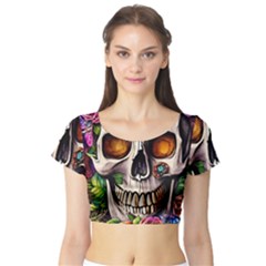 Gothic Skull With Flowers - Cute And Creepy Short Sleeve Crop Top by GardenOfOphir