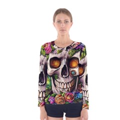 Gothic Skull With Flowers - Cute And Creepy Women s Long Sleeve Tee