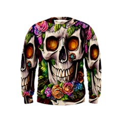 Gothic Skull With Flowers - Cute And Creepy Kids  Sweatshirt by GardenOfOphir