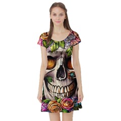 Gothic Skull With Flowers - Cute And Creepy Short Sleeve Skater Dress by GardenOfOphir