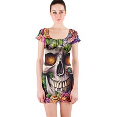 Gothic Skull With Flowers - Cute And Creepy Short Sleeve Bodycon Dress by GardenOfOphir