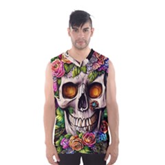 Gothic Skull With Flowers - Cute And Creepy Men s Basketball Tank Top by GardenOfOphir