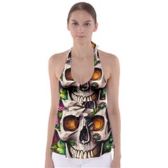 Gothic Skull With Flowers - Cute And Creepy Babydoll Tankini Top by GardenOfOphir