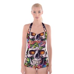 Gothic Skull With Flowers - Cute And Creepy Boyleg Halter Swimsuit  by GardenOfOphir