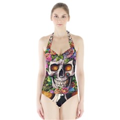 Gothic Skull With Flowers - Cute And Creepy Halter Swimsuit by GardenOfOphir