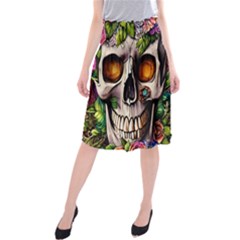 Gothic Skull With Flowers - Cute And Creepy Midi Beach Skirt by GardenOfOphir