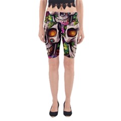 Gothic Skull With Flowers - Cute And Creepy Yoga Cropped Leggings by GardenOfOphir