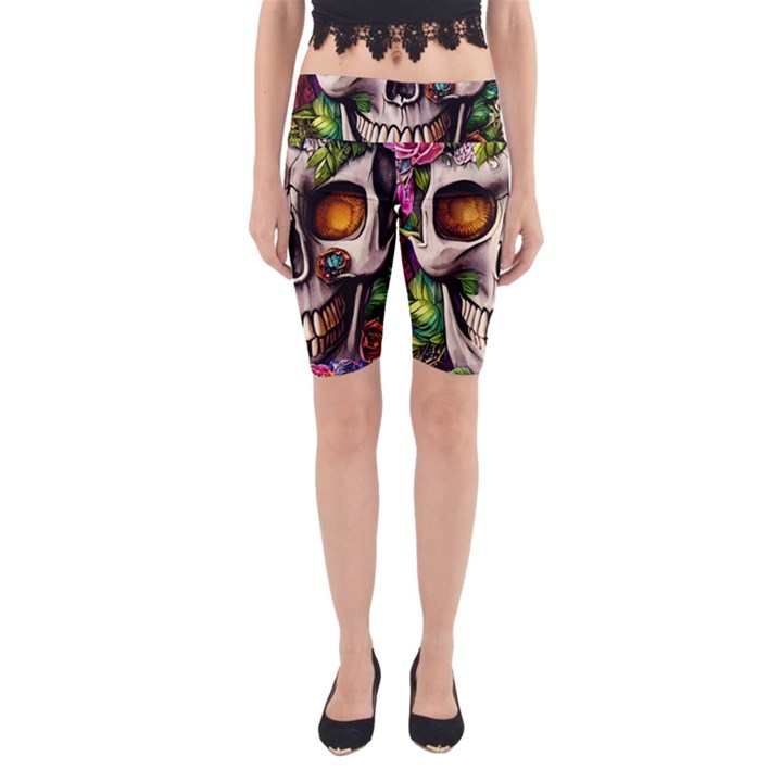 Gothic Skull With Flowers - Cute And Creepy Yoga Cropped Leggings