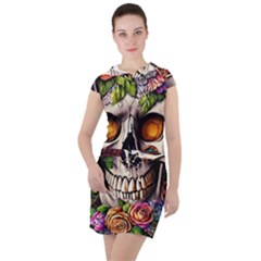 Gothic Skull With Flowers - Cute And Creepy Drawstring Hooded Dress by GardenOfOphir