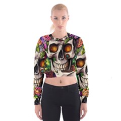 Gothic Skull With Flowers - Cute And Creepy Cropped Sweatshirt