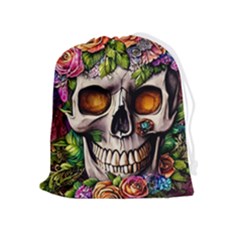 Gothic Skull With Flowers - Cute And Creepy Drawstring Pouch (xl) by GardenOfOphir