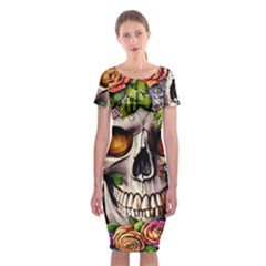 Gothic Skull With Flowers - Cute And Creepy Classic Short Sleeve Midi Dress by GardenOfOphir