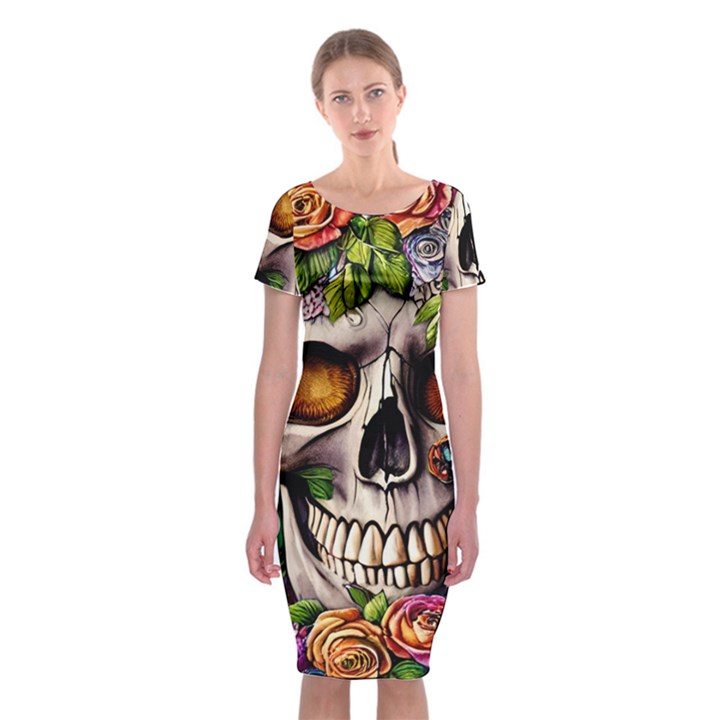 Gothic Skull With Flowers - Cute And Creepy Classic Short Sleeve Midi Dress