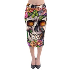 Gothic Skull With Flowers - Cute And Creepy Midi Pencil Skirt by GardenOfOphir