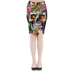 Gothic Skull With Flowers - Cute And Creepy Midi Wrap Pencil Skirt by GardenOfOphir