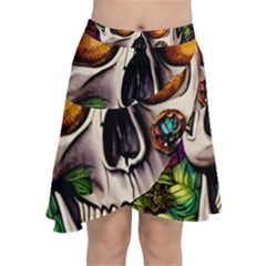 Gothic Skull With Flowers - Cute And Creepy Chiffon Wrap Front Skirt