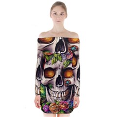 Gothic Skull With Flowers - Cute And Creepy Long Sleeve Off Shoulder Dress by GardenOfOphir