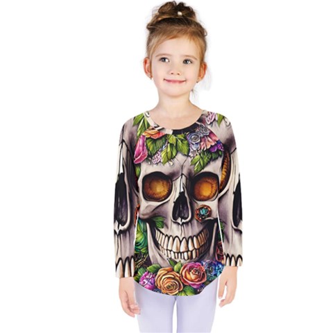 Gothic Skull With Flowers - Cute And Creepy Kids  Long Sleeve Tee by GardenOfOphir