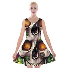 Gothic Skull With Flowers - Cute And Creepy Velvet Skater Dress