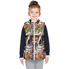 Gothic Skull With Flowers - Cute And Creepy Kids  Hooded Puffer Vest