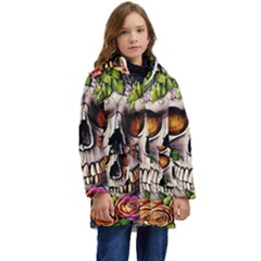 Gothic Skull With Flowers - Cute And Creepy Kid s Hooded Longline Puffer Jacket by GardenOfOphir