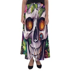 Gothic Skull With Flowers - Cute And Creepy Flared Maxi Skirt by GardenOfOphir