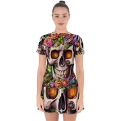 Gothic Skull With Flowers - Cute And Creepy Drop Hem Mini Chiffon Dress by GardenOfOphir