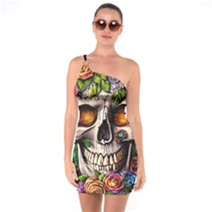 Gothic Skull With Flowers - Cute And Creepy One Shoulder Ring Trim Bodycon Dress by GardenOfOphir