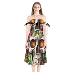 Gothic Skull With Flowers - Cute And Creepy Shoulder Tie Bardot Midi Dress by GardenOfOphir