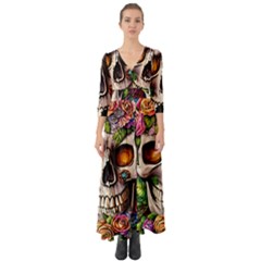 Gothic Skull With Flowers - Cute And Creepy Button Up Boho Maxi Dress by GardenOfOphir