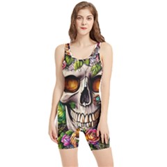 Gothic Skull With Flowers - Cute And Creepy Women s Wrestling Singlet by GardenOfOphir