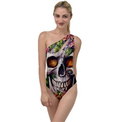 Gothic Skull With Flowers - Cute And Creepy To One Side Swimsuit by GardenOfOphir