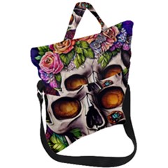 Gothic Skull With Flowers - Cute And Creepy Fold Over Handle Tote Bag by GardenOfOphir