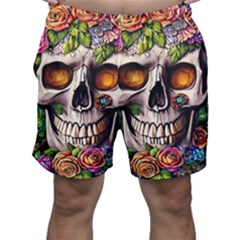 Gothic Skull With Flowers - Cute And Creepy Men s Shorts by GardenOfOphir