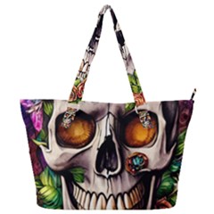 Gothic Skull With Flowers - Cute And Creepy Full Print Shoulder Bag by GardenOfOphir