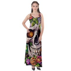 Gothic Skull With Flowers - Cute And Creepy Sleeveless Velour Maxi Dress by GardenOfOphir