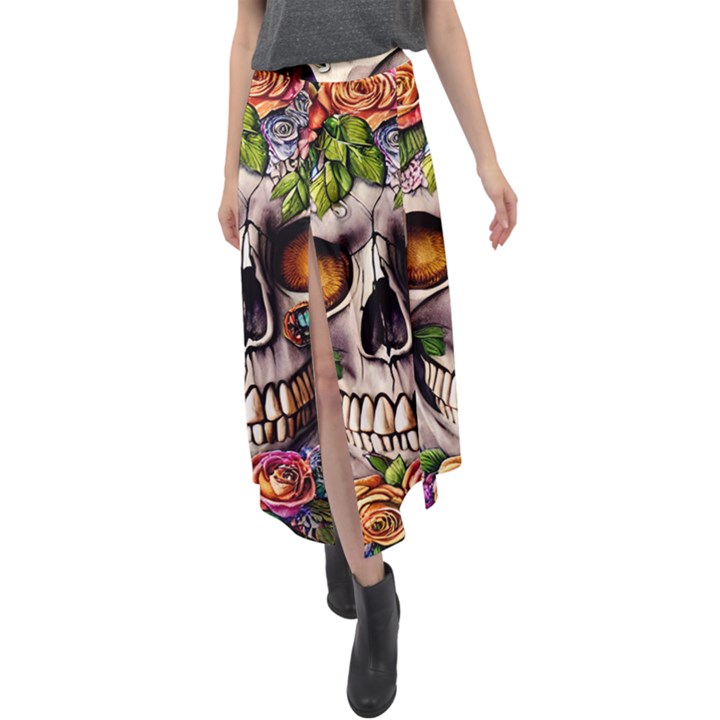 Gothic Skull With Flowers - Cute And Creepy Velour Split Maxi Skirt