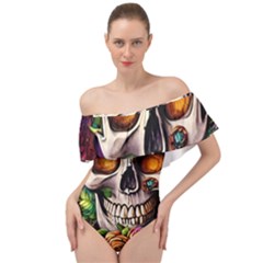 Gothic Skull With Flowers - Cute And Creepy Off Shoulder Velour Bodysuit  by GardenOfOphir