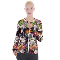 Gothic Skull With Flowers - Cute And Creepy Casual Zip Up Jacket by GardenOfOphir