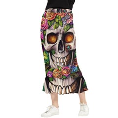 Gothic Skull With Flowers - Cute And Creepy Maxi Fishtail Chiffon Skirt by GardenOfOphir