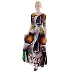 Gothic Skull With Flowers - Cute And Creepy Half Sleeves Maxi Dress by GardenOfOphir