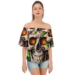 Gothic Skull With Flowers - Cute And Creepy Off Shoulder Short Sleeve Top by GardenOfOphir