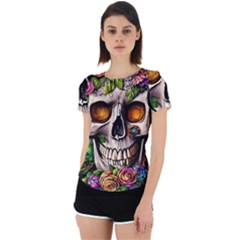 Gothic Skull With Flowers - Cute And Creepy Back Cut Out Sport Tee by GardenOfOphir